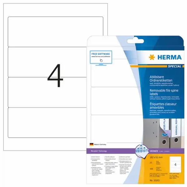 HERMA Ordneretiketten ablösbar weiß 192x61mm 25 Blatt 100 Stück **