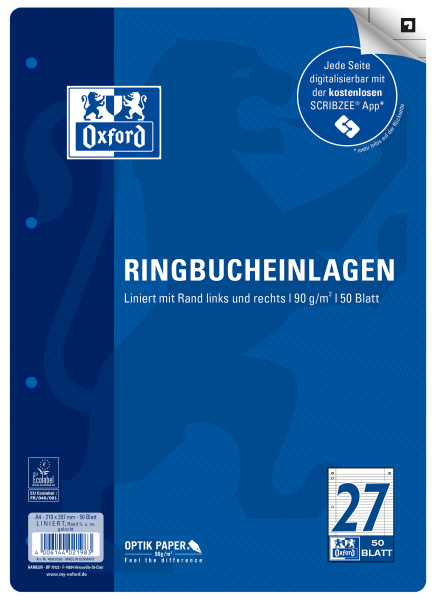 Oxford Ringbucheinlagen Lineatur 27 liniert mit Doppelrand 50 Blatt DIN A4 **