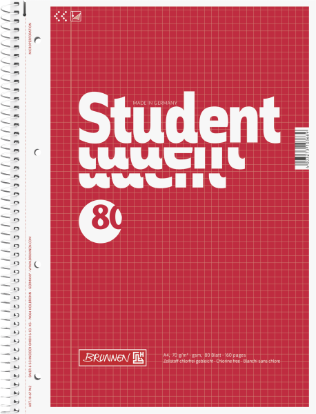 Brunnen Collegeblock Student A4 kariert, mit Randlinie innen Deckblatt: rot