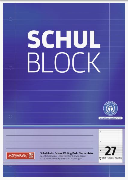 BRUNNEN Schulblock A4 Lineatur 27 Recycling, 50 Blatt **
