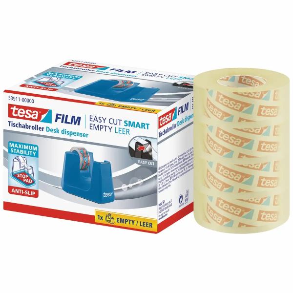 tesa Tischabroller Smart + 4 Rollen Tesafilm blau