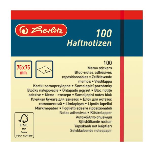 Herlitz Haftnotizen/ Haftnotizblock/ Memo stickers / 75x75 100Blatt - hellgelb