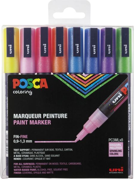 POSCA PC-3M Acryl Marker, Feine Spitze, Glitterfarben, 8er Etui 