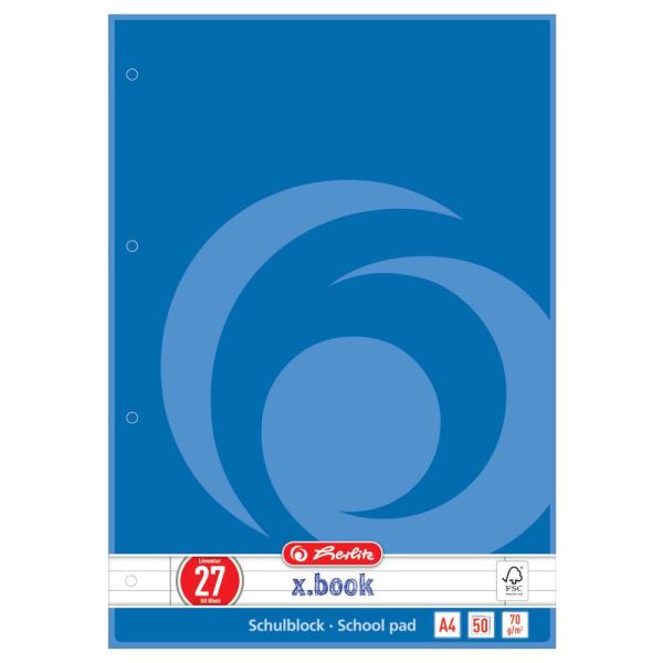 Herlitz Schulblock A4, 50 Blatt, FSC Mix, LIN. 27, beidseitiger Rand, 4fach Lochung, 70gm²