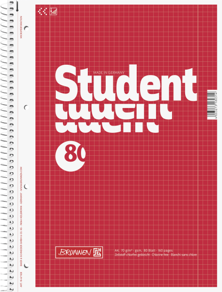 Brunnen Collegeblock Student A4 kariert, mit Randlinie innen und außen, Lineatur 28 **