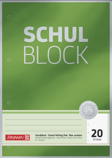 Brunnen Schulblock A4 Lineatur 20, unliniert 50 Blatt Premium