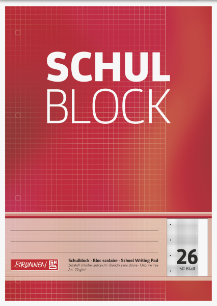 Brunnen "Schulblock" A4 kariert, mit Rand, Lineatur 26, 50 Blatt