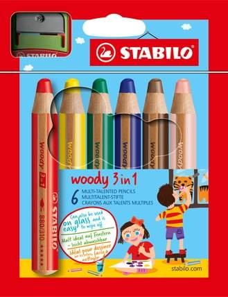 STABILO Multitalent-Stift woody 3 in 1 im 6er Etui, inklusive Spitzer