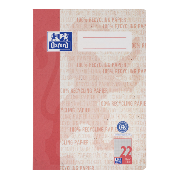 Oxford Recycling A4 Schulheft, Lineatur 22 (kariert ohne Rand), 16 Blatt **