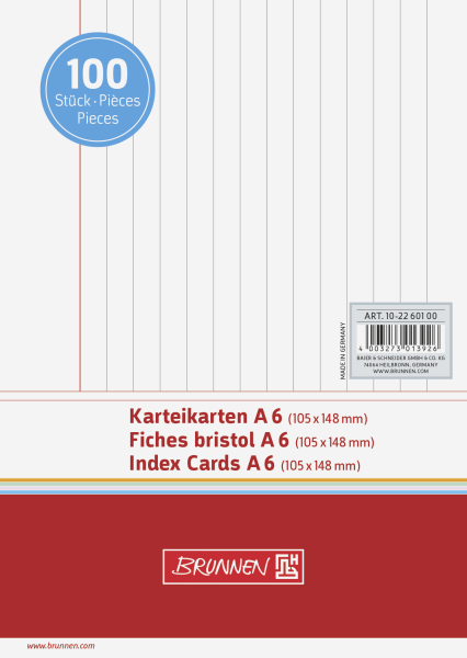 Brunnen Karteikarten, Karteikarton, 180 g/qm, A6 quer, liniert, weiß **