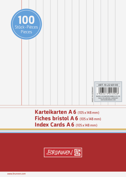 Brunnen Karteikarten, Karteikarton, 180 g/qm, A6 quer, liniert, weiß