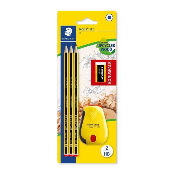 STAEDTLER Bleistift 2 HB, Set Noris mit 3 Bleistiften + Spitzer und Radierer gratis