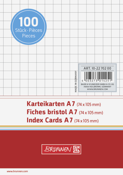 Brunnen Karteikarte, Karteikarton, 180 g/qm, A7 quer, kariert, weiß