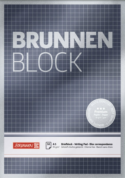 Brunnen Briefblock Premium „BRUNNEN-Block“, A5, 50 Blatt / 100 Seiten, Lineatur 5, silberfarben