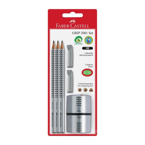 Faber-Castell Bleistift 3x GRIP 2001 + Spitzerdose + 2x Radiergummi Set