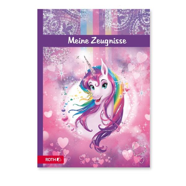 Zeugnismappe mit Design und Effekt, A4, Glitter, 10 Einlagen, Einhornportrait **