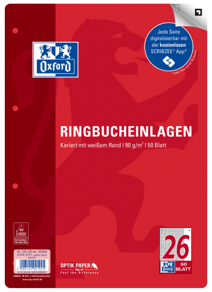 Oxford Ringbucheinlagen Lineatur 26 kariert mit weißem Rand 50 Blatt DIN A4 **