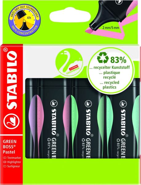 STABILO Textmarker GREEN BOSS® Pastel, Etui mit 4 Stiften