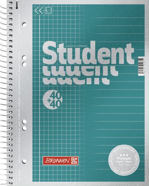 Collegeblock Premium Student „DUO“, A5, 80 Blatt / 160 Seiten, kariert/liniert, petrol