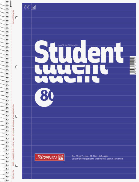 Brunnen Collegeblock Student A4 liniert, mit Randlinie innen Deckblatt: blau