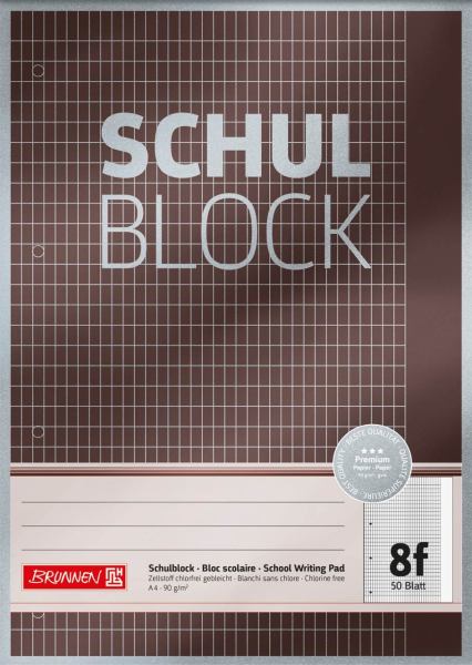 BRUNNEN Schulblock A4, Lineatur 8f, Premium, 4fach Lochung, mit Rand, 90gm²