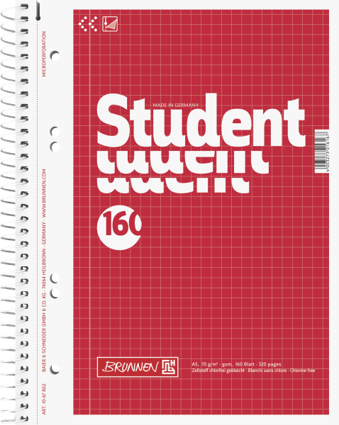 Brunnen Collegeblock Student A5 5 mm kariert Deckblatt: rot