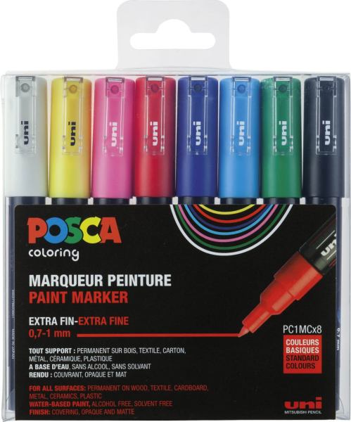 POSCA Extra-feine Rundspitze 8er Etui - Grundfarben