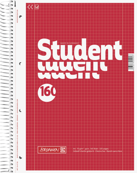 Brunnen Collegeblock Student A4 kariert, mit Randlinie innen und außen, Lin. 28 Deckblatt: rot