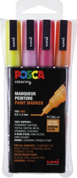 POSCA PC-1MC Acryl Marker, Feine Spitze  Glitterfarben dunkel, 4er Etui