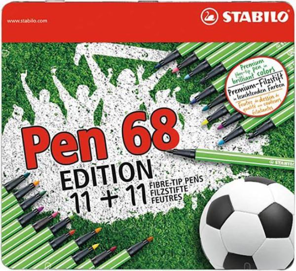 STABILO Pen 68 Fußball Edition, Metall-Etui, 11+11 Filzstifte
