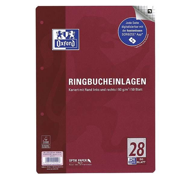 Oxford Ringbucheinlagen, A4 - Lineatur 28 - kariert mit Doppelrand - 50 Blatt