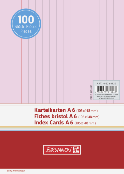 Brunnen Karteikarten, Karteikarton, 180 g/qm, A6 quer, liniert, rot