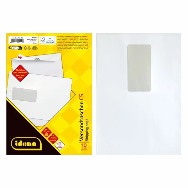 Idena Versandtaschen mit Fenster haftklebend 90g/m² weiß DIN C5 10 Stück **