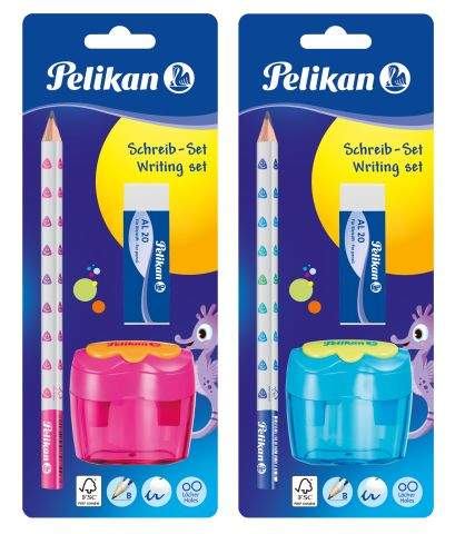 Pelikan Starterset Schreiblernbleistift, Radierer, Anspitzer blau oder rosa