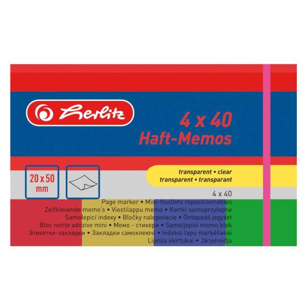 Herlitz Haftmarker Haftmemo 20x50mm 40Blatt 4er Packung transparent mit Farbstreifen