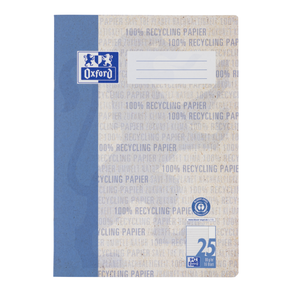 Oxford Recycling A4 Schulheft, Lineatur 25 (liniert mit breitem, weißem Rand rechts), 16 Blatt **