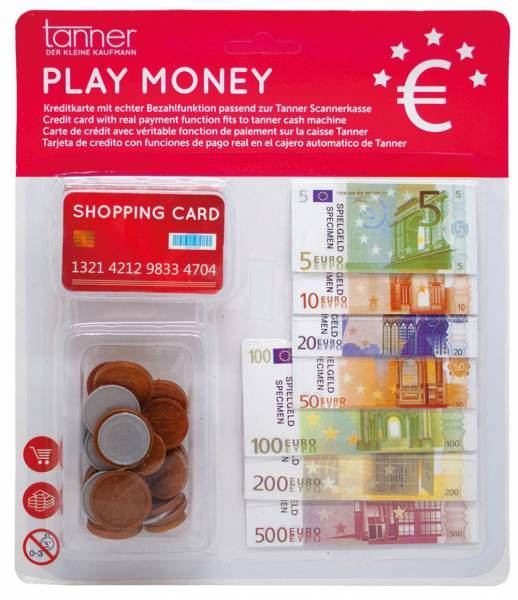 Spielgeldkarte mit Papier und Münzen