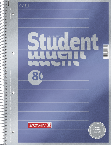 Brunnen Collegeblock Premium Student A4 liniert, mit Rand, Lineatur 25 Deckblatt: blau-metallic