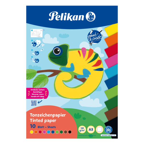 Bastelkarton Pelikan Tonpapier Block A3, 10 Blatt in 10 Farben, Blauer Engel