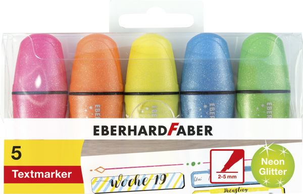 Faber Casetell TextmarkerMini Glitzer Neon Kunststoffetui mit 5 Textmarkern