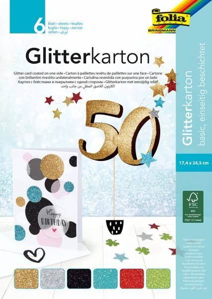 MAX BRINGMANN Glitterkarton Block - Basic - 17,4 x 24,5 cm - 6 Blatt - farbig sortiert