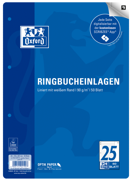 Oxford Ringbucheinlagen Lineatur 25 liniert mit weißem Rand 50 Blatt DIN A4 **