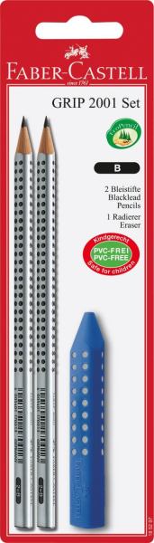 Faber-Castell Bleistift 2x GRIP 2001 B + Radiergummi GRIP - rot oder blau sortiert