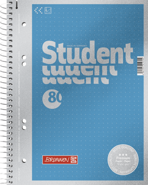 Brunnen Collegeblock Premium Student, A5, 80 Blatt / 160 Seiten, punktiert, blau