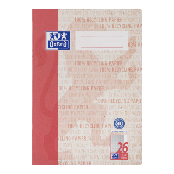 Oxford Recycling A4 Schulheft, Lineatur 26 (kariert mit breitem, weißem Rand rechts), 16 Blatt **
